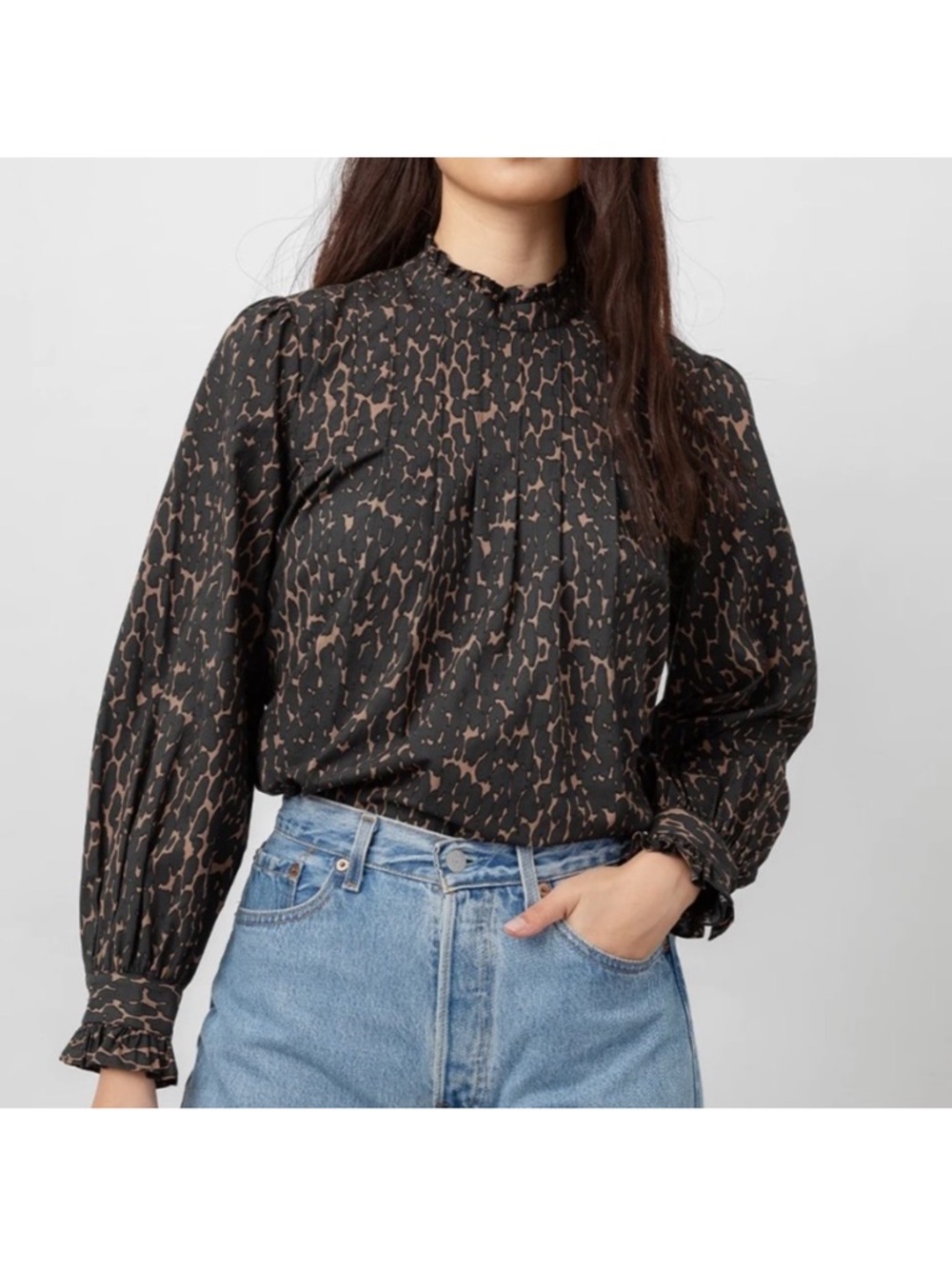 Rails Black & Taupe Printed Ruffled Mock-Neck Blouse